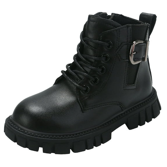 Qiangong Girls Boots Children Shoes Thick Heel Short Boots Warm Leather Boots Buckle Cotton Shoes Lace-up Boots Toddler Boots Black 2