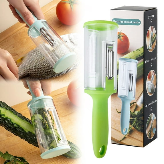 Qiangzon 2-In-1 Multifunctional Vegetable Peeler with Storage Box Fruit Fish Scale Scraper Mess-Free Kitchen Gadget Stainless Blade Ergonomic Handle 1 Paring Knife