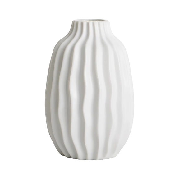 Qiangzon Ceramic Flower Vase, Modern White Ribbed Vase, Hammered Porcelain for Centerpiece Decor, Living Room Table Entryway Shelf Decoration, 3.4x7.87 Inch, Beige