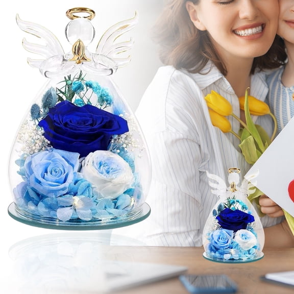 Qiangzon Eternal Glass Flowers for Mothers Day, Preserved Real Touch Flower Figurine, Never Withering Rose for Mom Wife Women Sister Birthday Gift, Blue