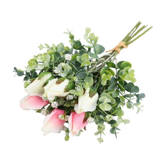 Qiangzon Fake Rose Bouquet, Hand Held Wedding Flowers, Faux Floral Arrangement for Bride Table Decor, Home Vase Centerpiece, Pinkish White