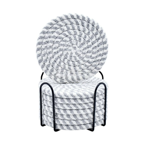 Qiangzon Hand-Woven Cotton Rope Placemats – Round Thick Insulation Coasters for Dining Table, Heat-Resistant Pot Holders, Absorbent Cup Mats, Set with Metal Rack, Rustic Farmhouse Kitchen Décor