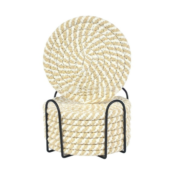 Qiangzon Hand-Woven Cotton Rope Placemats – Round Thick Insulation Coasters for Dining Table, Heat-Resistant Pot Holders, Absorbent Cup Mats, Set with Metal Rack, Rustic Farmhouse Kitchen Décor