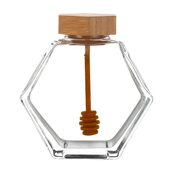 Qiangzon Hexagonal Glass Bottle with Wooden Packaging, Honey Bottle and Small Container Storage Jar for Home Kitchen, Elegant Design for Decor and Gift, Keep Fresh Seal 1 Jar