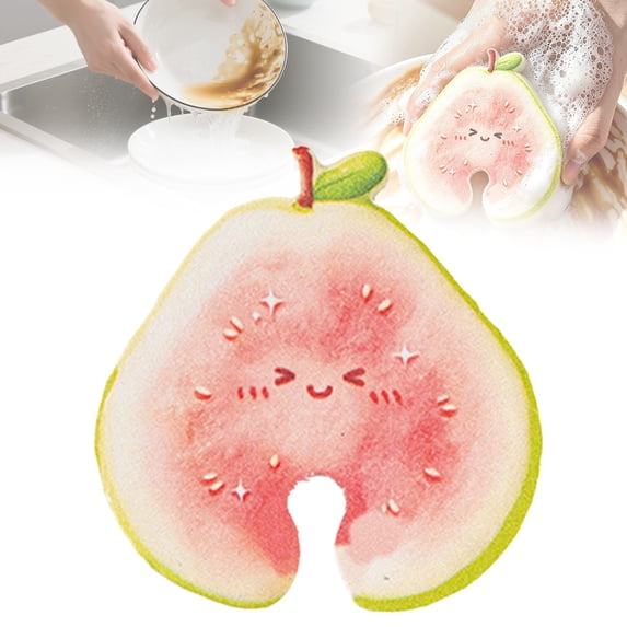 Scouring Sponge Red Qiangzon Red Cute Fruit-Shaped Wood Pulp Sponge Double-Sided Non ...