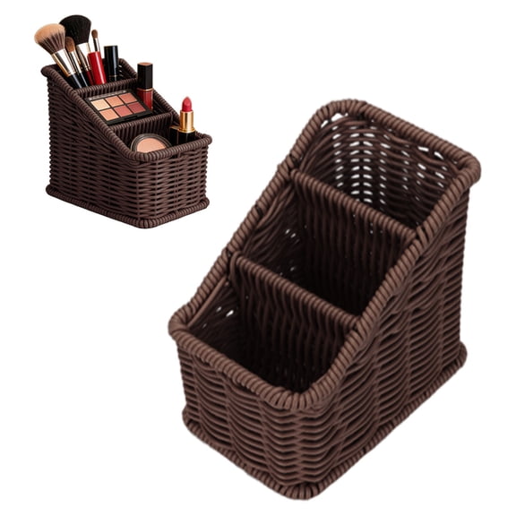 Qiangzon Remote Control Organizer, Synthetic Rattan Desk Storage Basket, Rustic Woven Desk Storage Basket, Makeup Brushes, Pens, Coffee Table, Bedroom, Living Room Decor, 5.7 Inch, Coffee