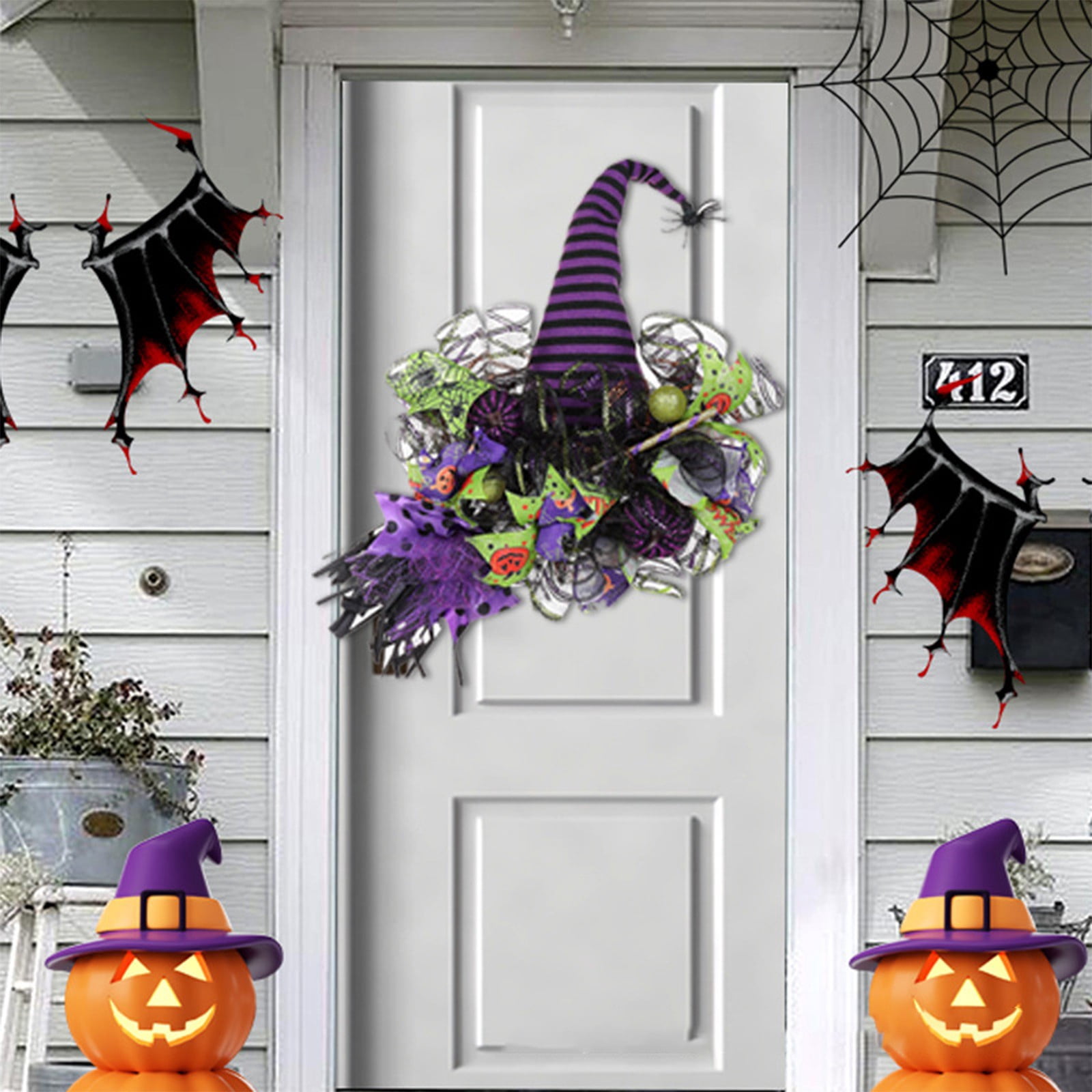 Qianvly Happy Halloween Wreath 23.62" Halloween Witch Wreaths For Front ...