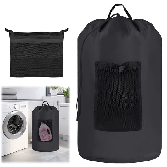 Qianwei Backpack Laundry Bag, Laundry Backpack with Shoulder Straps and Mesh Pocket Durable Nylon Clothes Hamper Bag with Drawstring Closure for College, Travel, Laundromat, Apartment