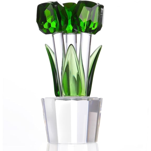 Qianwei Crystal Tulips Flowers Figurine Green with Vase - Glass Flower Bouquet Collectible Figurines Crystal Office Home Decor Paperweight - Tulip Gifts for Women Mom Bestfriend Wedding Anniversary