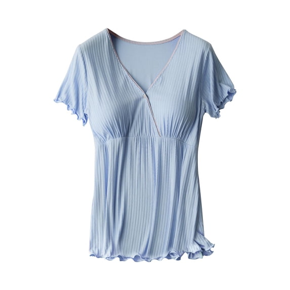 Qiaocaity Blouses for Women, Tops for 2024, Pregnant Womens Nursing Color Round Neck Short Sleeve Round Neck Breastfeeding Blouse Blue M