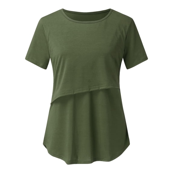 Qiaocaity Blouses for Women, Tops for 2024, Pregnant Womens Nursing Solid Color Round Neck Short Sleeve Round Neck Breastfeeding Blouse Army Green S