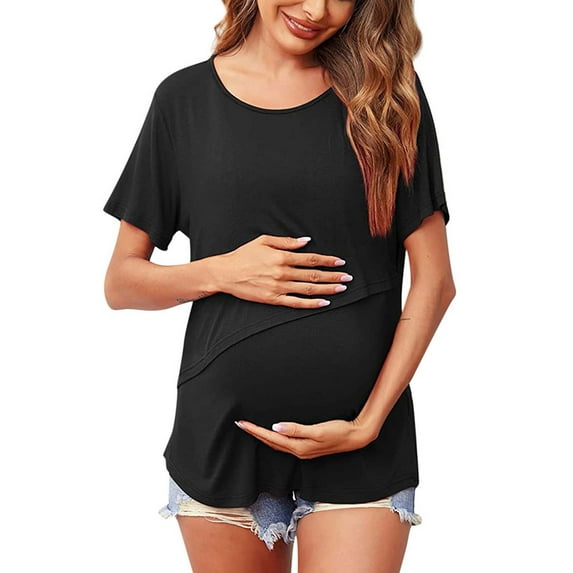 Qiaocaity Blouses for Women, Tops for 2024, Pregnant Womens Nursing Solid Color Round Neck Short Sleeve Round Neck Breastfeeding Blouse Black M