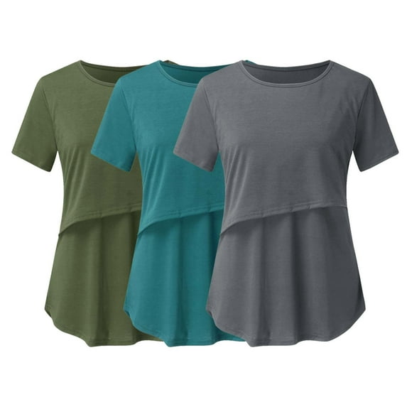 Qiaocaity Blouses for Women, Tops for 2024, Pregnant Womens Nursing Solid Color Round Neck Short Sleeve Round Neck Breastfeeding Blouse Blue M