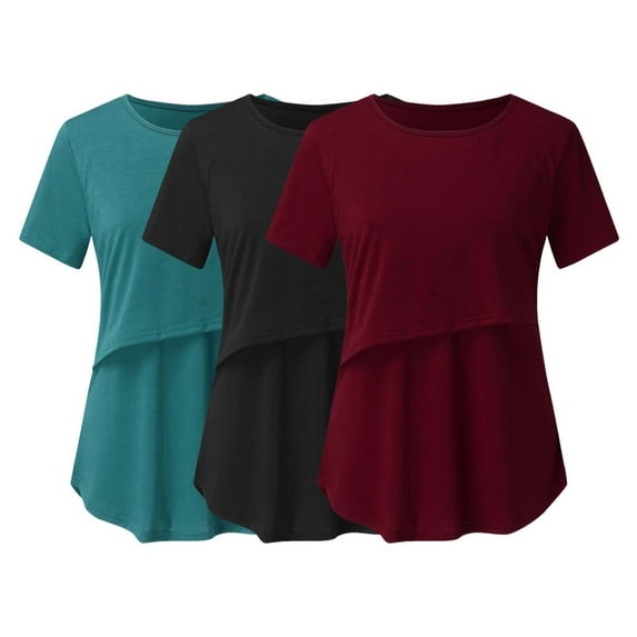 Qiaocaity Blouses for Women, Tops for 2024, Pregnant Womens Nursing Solid Color Round Neck Short Sleeve Round Neck Breastfeeding Blouse Wine 2XL