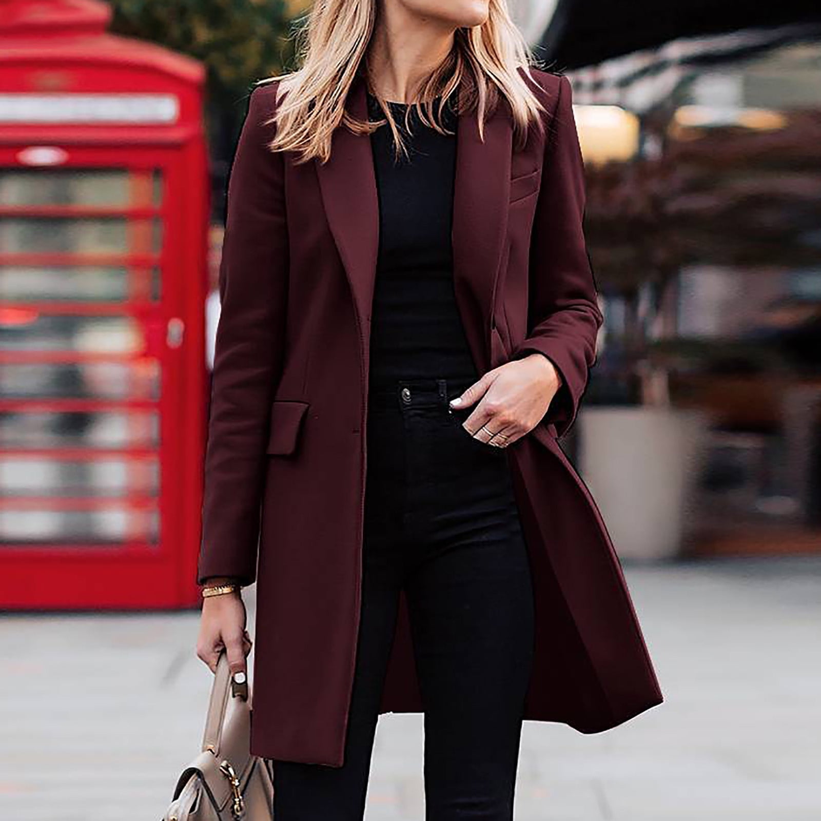 burgundy dress coat womens Qiaocaity Fall and Winter Fashion Long Trench Coat, Fall Fashion Business Attire Solid Color Long Sleeve Single Breasted Slimming Suit Cardigan Top, Wine, M inspired design