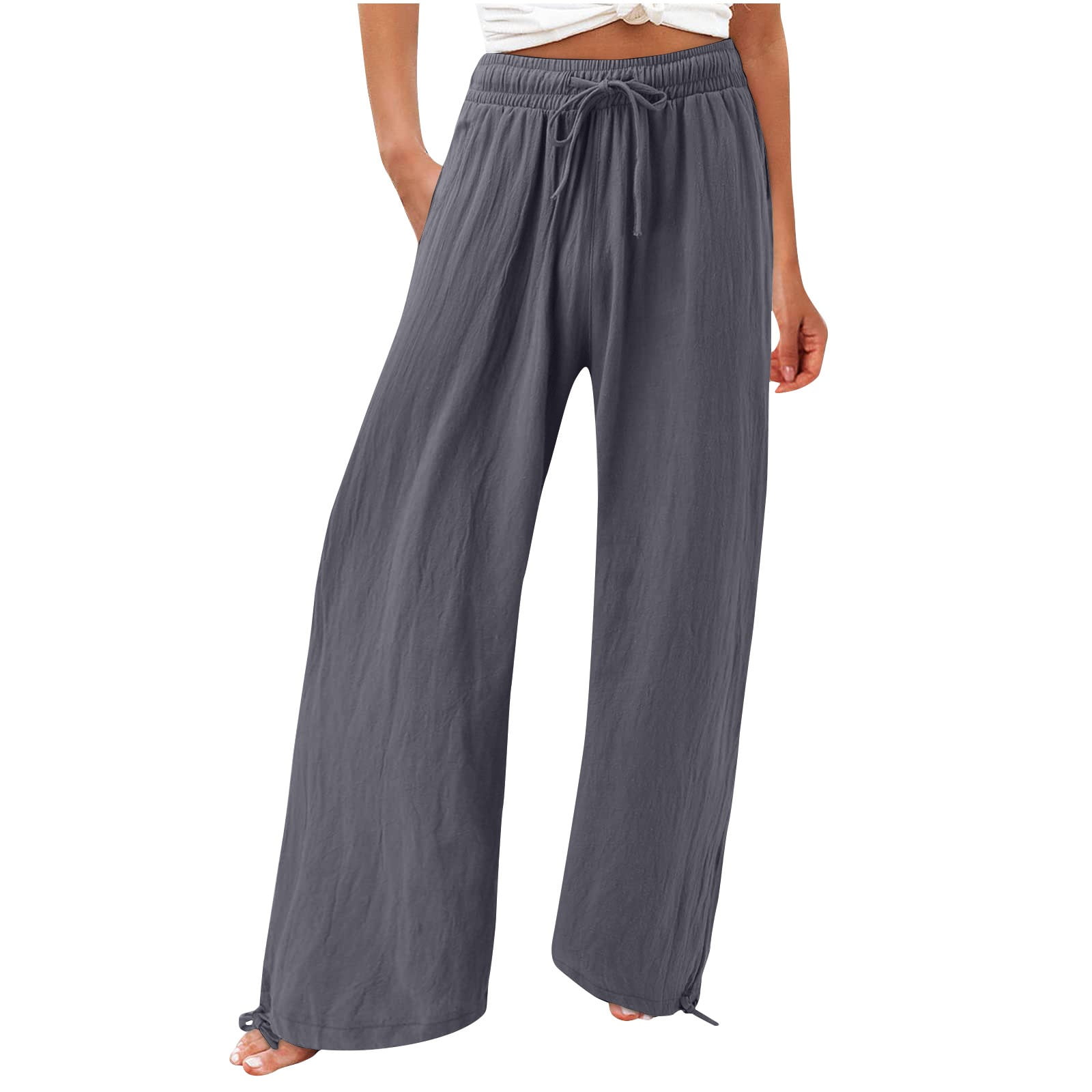 Qiaocaity Pants for Women Casual Summer Elastic High Waist Linen Pant  Pockets Straight Leg Pant Cropped Trouser Gray L 
