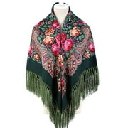 Qiaocaity Russian Babushka Womens Scarf Shawl Wrap Oversized Traditional Retro Ukraine Style Printed Tassels Square Scarfs, Christmas Gifts, Army Green One Size