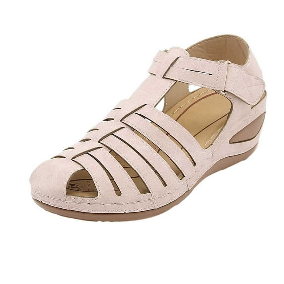 Qiaocaity Sandals for Women Wedge Shoes Comfortable Sandals with Arch Support Fashion Casual Wedge Sandals Beige Size 5.5
