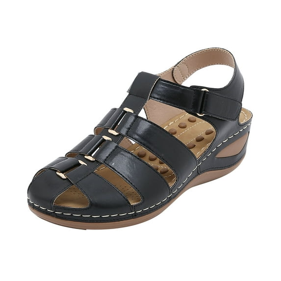 Qiaocaity Sandals for Women Wedge Shoes with Arch Support Casual Comfortable Wedge Sandals Shoes Black Size 9