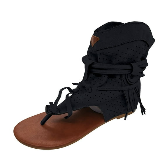 Qiaocaity Summer Sandals for Women Girls Retro Flip Flops Bohemian Tassel Sandals Roman Beach Shoes Boots Black Size 5.5