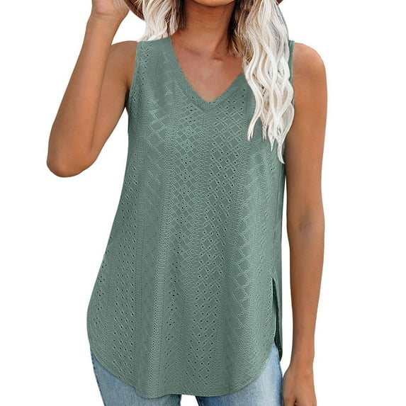 Qiaocaity Summer Shirts for Women Casual Solid Color V Neck Sleeveness Tops Loose Thank Blouses Mint Green S