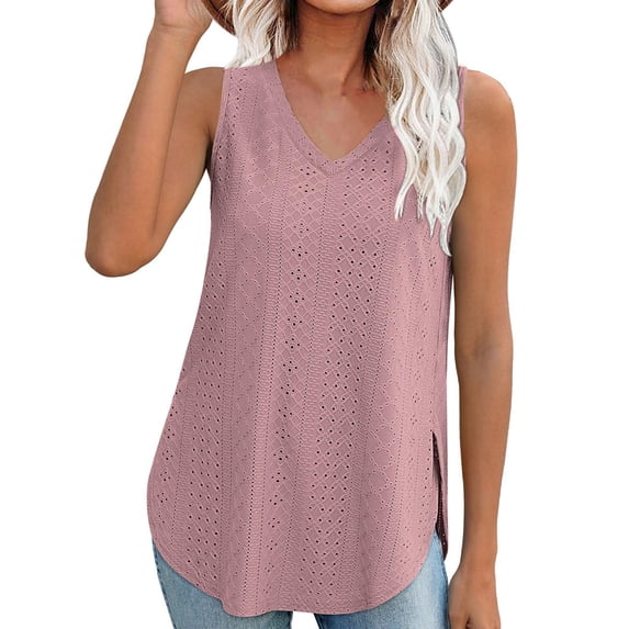 Qiaocaity Summer Shirts for Women Casual Solid Color V Neck Sleeveness Tops Loose Thank Blouses Pink S