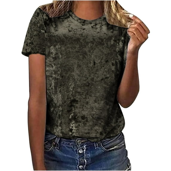 Qiaocaity Summer Shirts for Women Crew Neck Velvet Tops Short Sleeve T Shirt Casual Fashion Blouse Army Green L