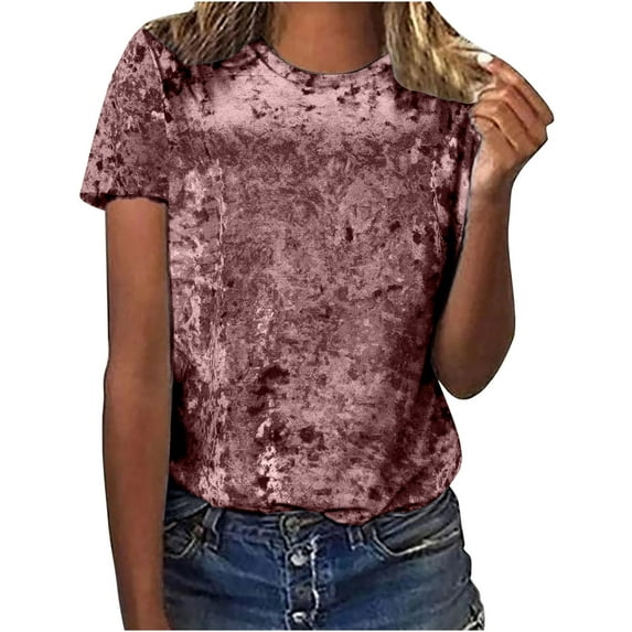 Qiaocaity Summer Shirts for Women Crew Neck Velvet Tops Short Sleeve T Shirt Casual Fashion Blouse Pink M