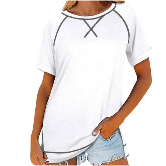 Qiaocaity Summer Shirts for Women Solid Color Short Sleeve Casual Round Neck Side Split Fashion T Shirt Short Sleeve Round Neck Top White 2XL