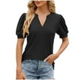 thumbnail image 1 of Qiaocaity Summer Shirts for Women Solid Lace V Neck Bubble Short Sleeve Solid T Shirt Top Black L, 1 of 4