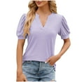 thumbnail image 1 of Qiaocaity Summer Shirts for Women Solid Lace V Neck Bubble Short Sleeve Solid T Shirt Top Purple M, 1 of 4