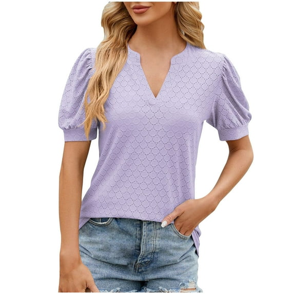 Qiaocaity Summer Shirts for Women Solid Lace V Neck Bubble Short Sleeve Solid T Shirt Top Purple M