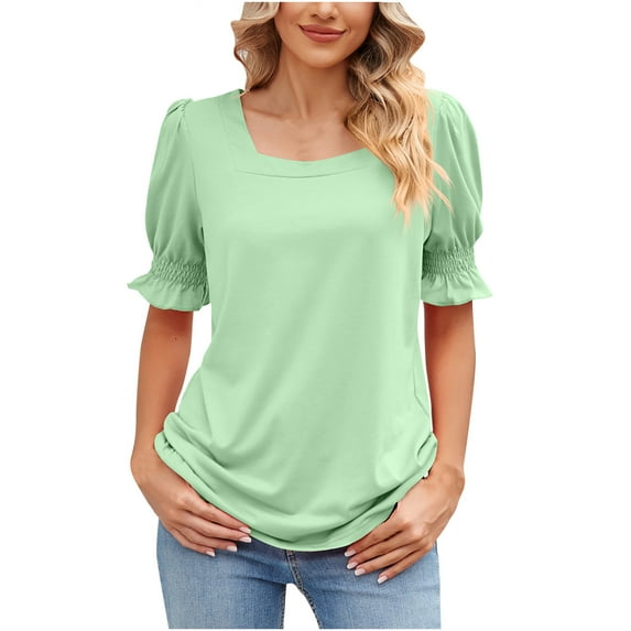 Qiaocaity Summer Tunic Blouses for Women Casual Solid Squareneck Short Sleeve Tops Blouses T Shirt Mint Green 2XL
