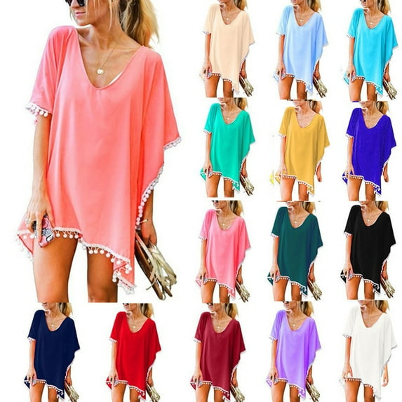 Qiaocaity Swimsuit for Women, Women Trim Kaftan Chiffon Tassels Swimwear Beach Loose Bikini Cover Up Beige One Size