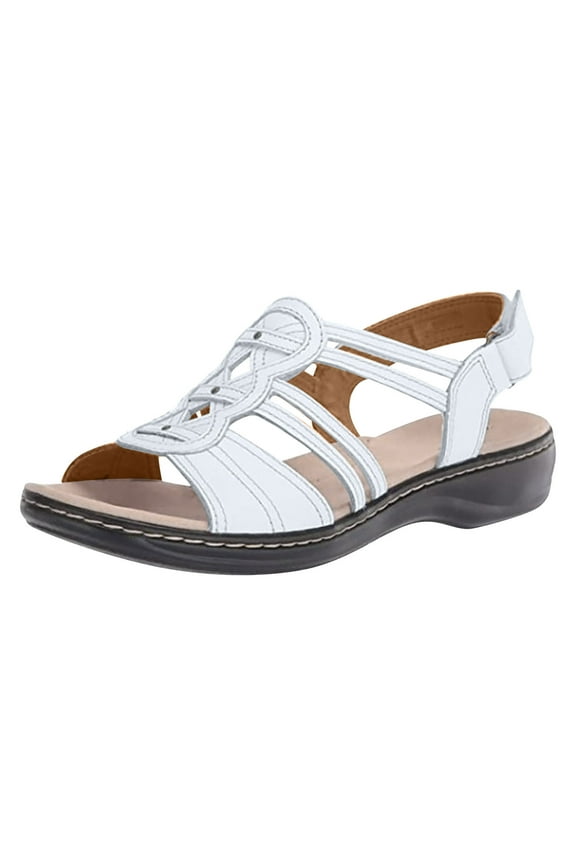 Women Causal Sandals Comfortable Round Toe Buckle Slope Heel Sandals White Size 9
