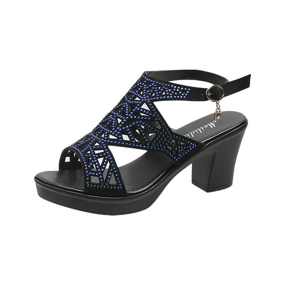 Qiaocaity Women High Heel Sandals Comfortable Round Toe Causal Sandals Shoes Blue Size 7