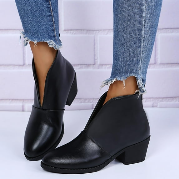Qiaocaity Women Shoes on Clearance, Up to 20% off, Vintage Women Slip On Boots Pointed Toe Round Head Thick Heel Short Shoes Black 43