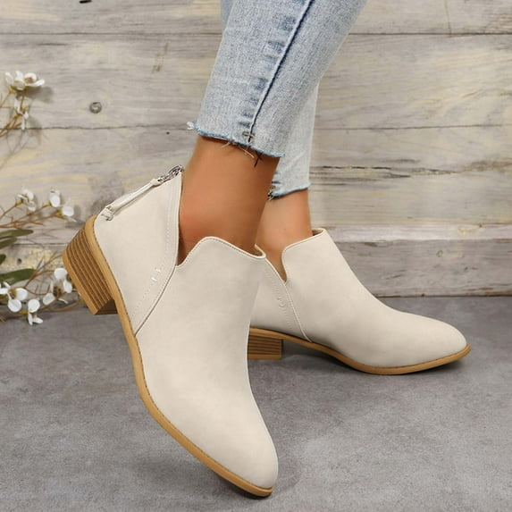 Qiaocaity Women Shoes on Clearance, Up to 20% off, Women's Winter Boots Chunky Heel Low Heel Pointed Toe Boots Back Zipper Shoes Beige 42