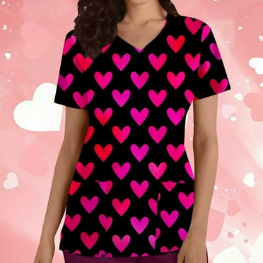 Qiaocaity Women Tops Summer Valentine's Day Print Scrub Tops Working Uniform with Pocket Medical Scrub Top V-Neck Short Sleeve Tops, 2023 Savings Clearance! Hot Pink M