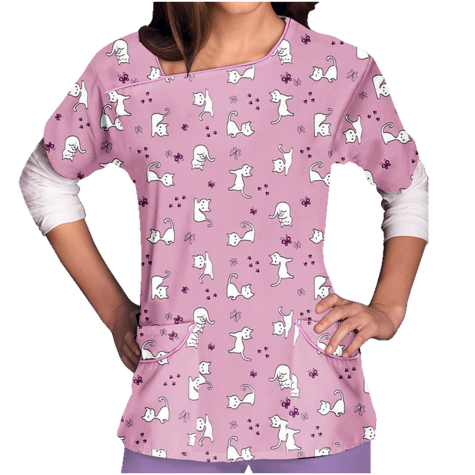 Qiaocaity Women Tops Summer Valentine's Day Print Scrub Tops Working