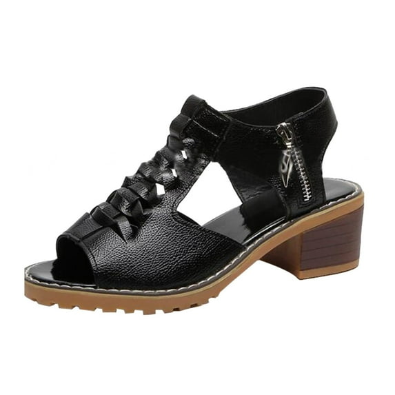 Qiaocaity Women's Beach Sandals Solid Hollow Out Mid Heel Casual Open Toe Shoes Black Size 4.5