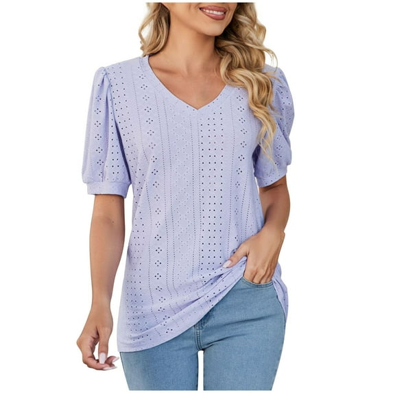 Qiaocaity Women's Casual T Shirts Basic Fashion Short Sleeve Comfortable Breathable V Neck Blouses Shirt Tops Purple L
