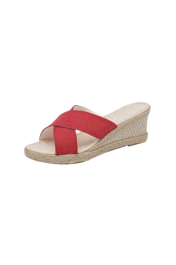 Women's High Heels Slippers Linen Straw Sandals Wedges Shoes Casual Canvas Slippers Red Size 4.5