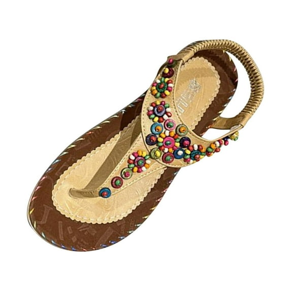 Qiaocaity Women's Sandals Bohemian with Round Toe Flat Beach Sandals Yellow Size 8.5