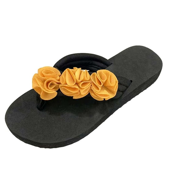 Qiaocaity Women's Sandals Casual Round Toe Wedge Heel Slippers Floral Beach Sandals Yellow Size 7.5