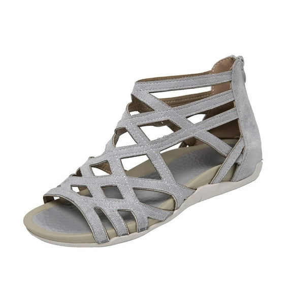 Qiaocaity Women's Sandals Flat Bottomed Strappy Open-toe Shoes Gray Size 7