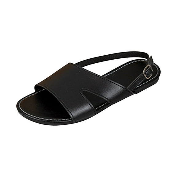 Qiaocaity Women's Sandals Flat Heel Open Toe Sandals Casual Shoes Black Size 5.5