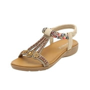 Qiaocaity Womens Summer Sandals with Rhinestone Beads Bohemian Sandals Leisure Beach Sandals Platform Flip Flops Beige Size 4.5