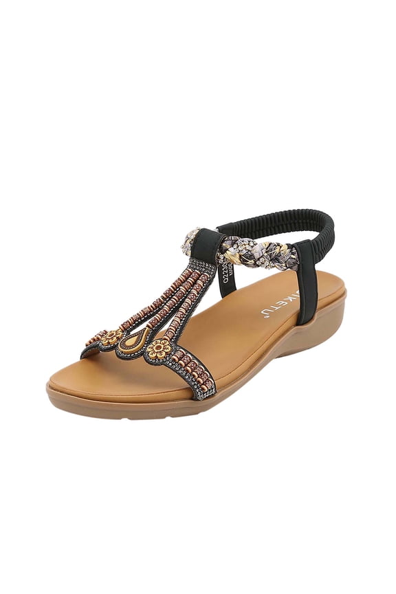 Women's Summer Sandals with Rhinestone Beads Bohemian Sandals Leisure Beach Sandals Platform Flip Flops Black Size 8.5