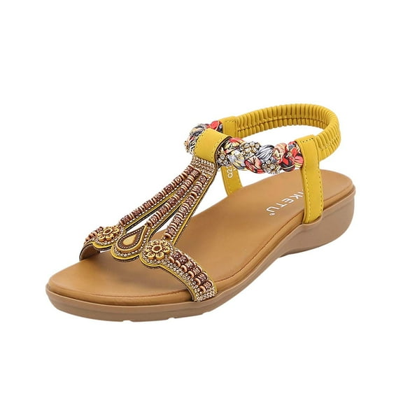 Qiaocaity Women's Summer Sandals with Rhinestone Beads Bohemian Sandals Leisure Beach Sandals Platform Flip Flops Yellow Size 7